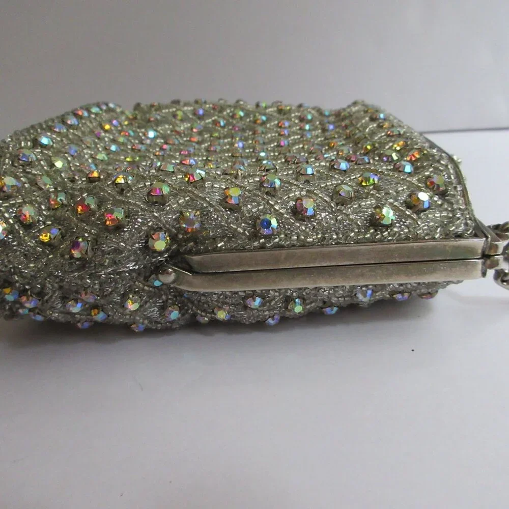 Silver Seed Bead AB Rhinestone Evening Bag Purse Metal Frame Kiss Lock Hong Kong - Picture 16 of 16